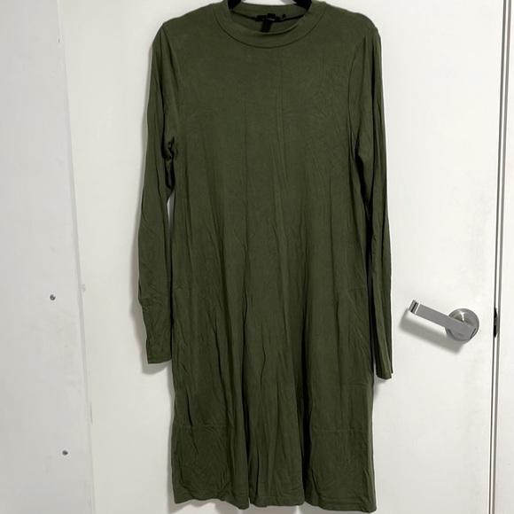 JCrew Olive Green Stretch Modal Swing Dress with Pockets - Picture 2 of 5
